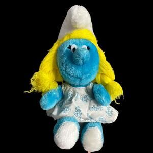 Vintage Peyo Smurf Smurfette Plush Doll in Dress Wallace Berrie Toy Korea READ